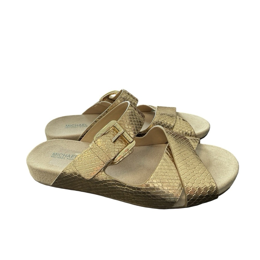 Michael Kors Gold Two Strap Slide Sandals Womens Size 6.5M Comfort Footbed‎